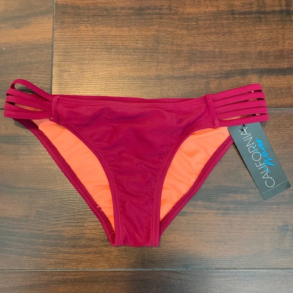 NWT California Waves Wine Hypnotic Optic Strappy Bikini Bottoms